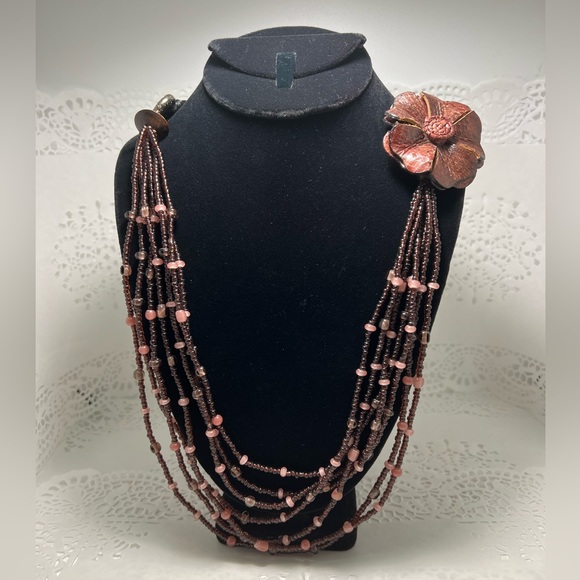 Leather Floral Pendant Multi-Stand Necklace - Picture 1 of 5